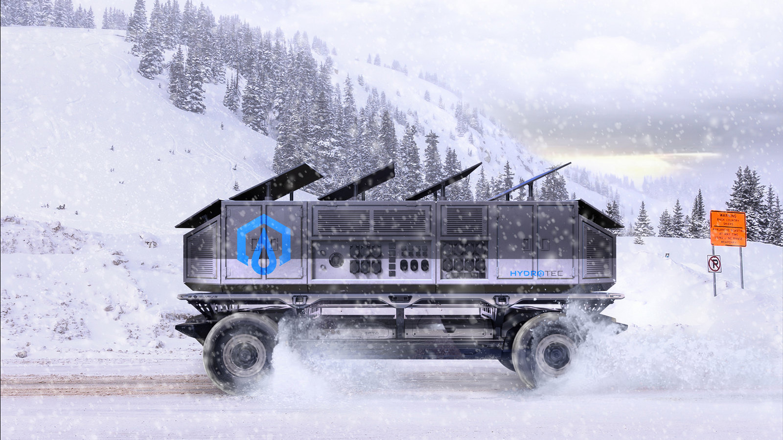 A rendering of the Silent Utility Rover Universal Superstructure (SURUS) platform with solar panels and power generators to show the potential of flexible fuel cell solutions. SURUS was designed to form a foundation for a family of commercial vehicle solutions that leverages a single propulsion system integrated into a common chassis.