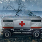 A rendering of the Silent Utility Rover Universal Superstructure (SURUS) platform with an ambulance to show the potential of flexible fuel cell solutions. SURUS was designed to form a foundation for a family of commercial vehicle solutions that leverages a single propulsion system integrated into a common chassis.