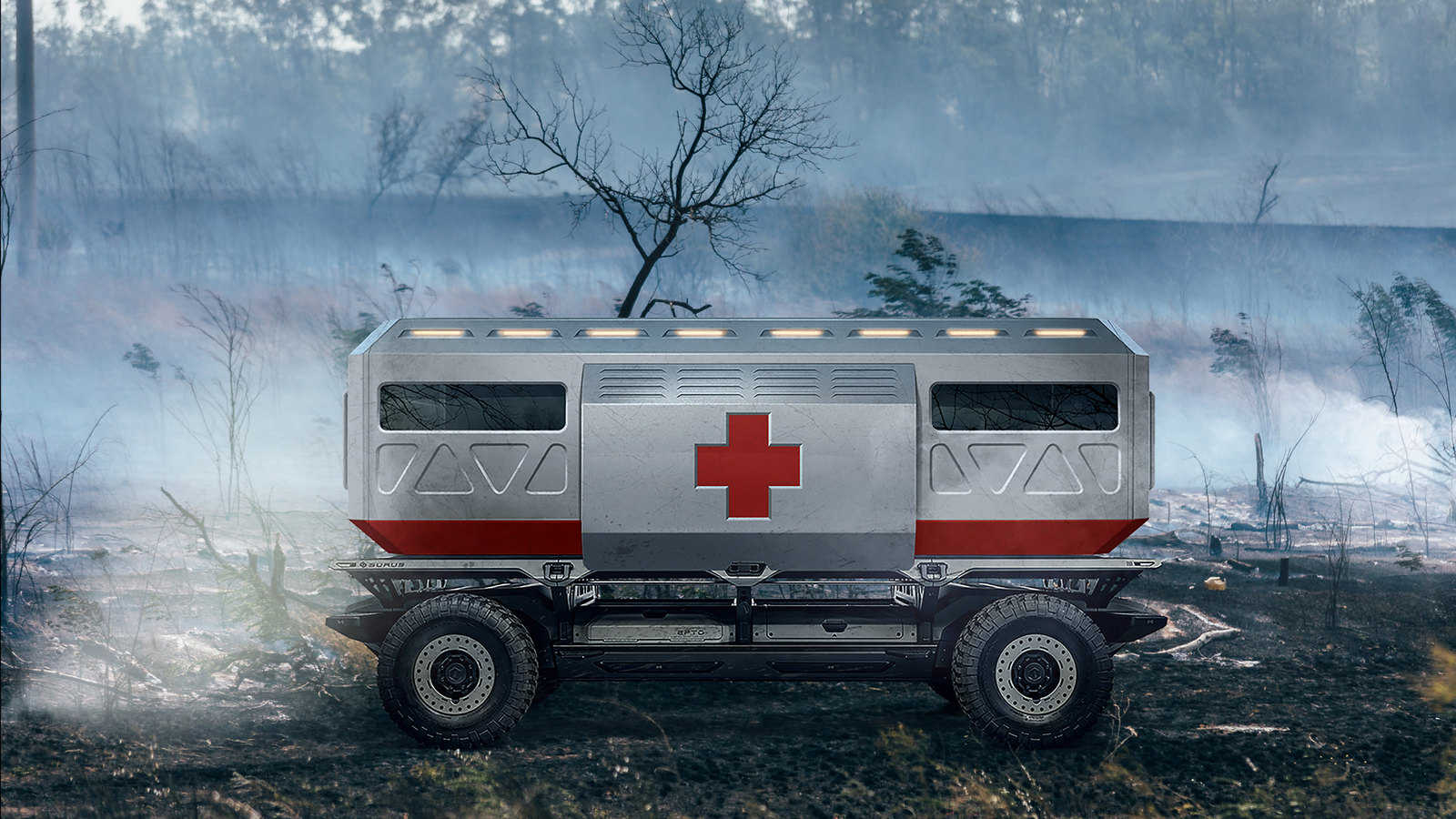 A rendering of the Silent Utility Rover Universal Superstructure (SURUS) platform with an ambulance to show the potential of flexible fuel cell solutions. SURUS was designed to form a foundation for a family of commercial vehicle solutions that leverages a single propulsion system integrated into a common chassis.