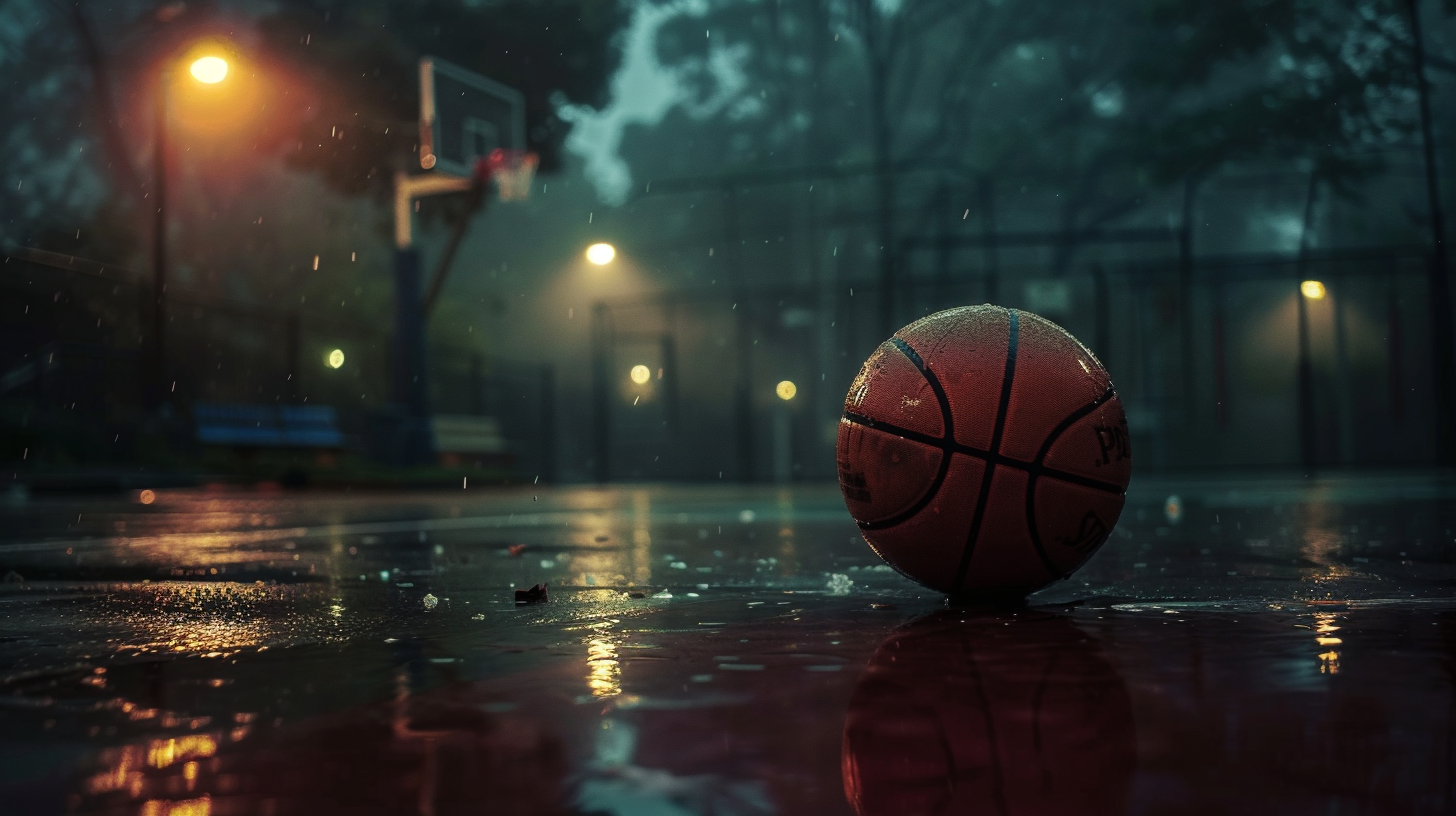 Баскетбольный мяч на площадке залитой дождем